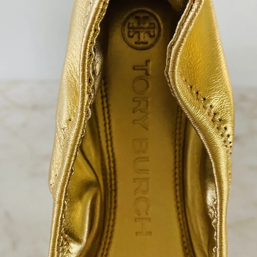 TORY BURCH Solid Metallic Gold Leather Bendable Ballerina Flats - US 6.5 - Picture 3 of 8